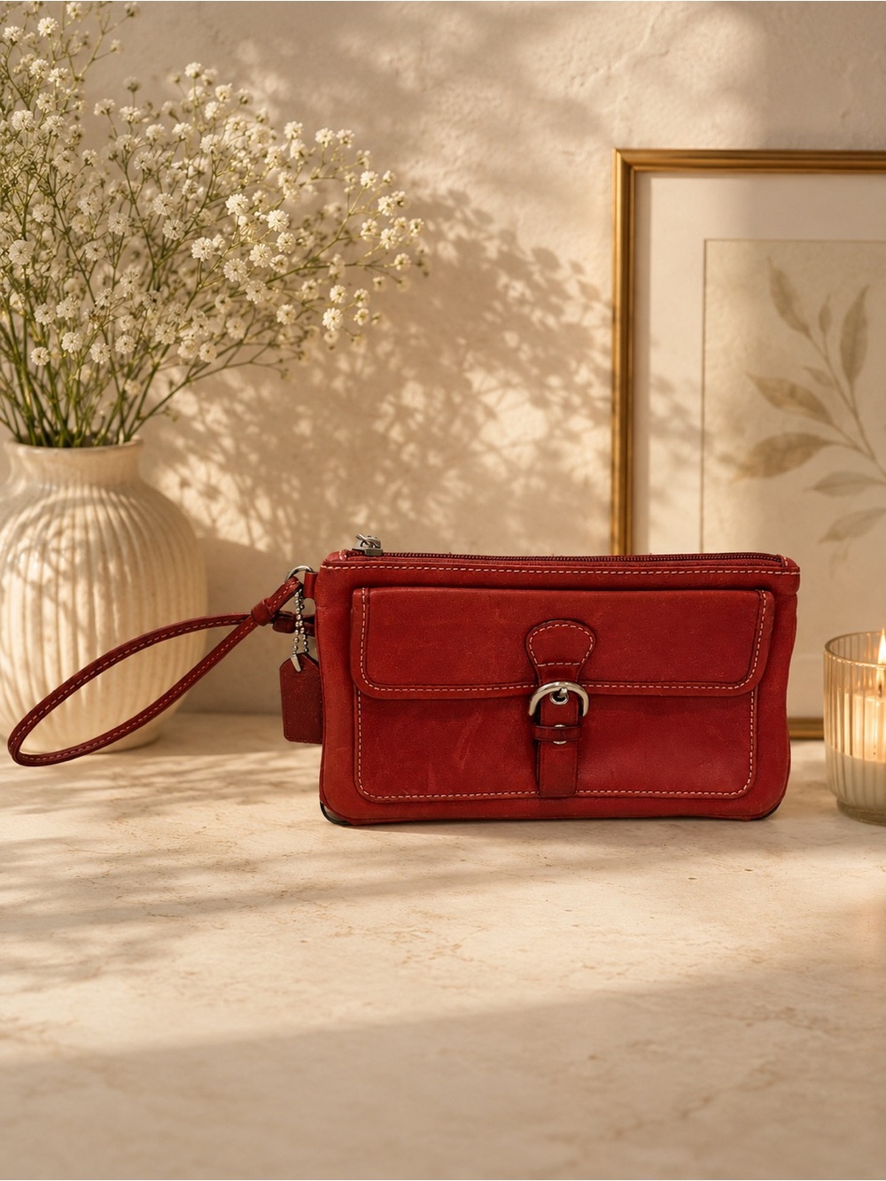 Coach Soho Red Burgundy Leather Buckle Wristlet Vintage Y2K Contrast Stitch